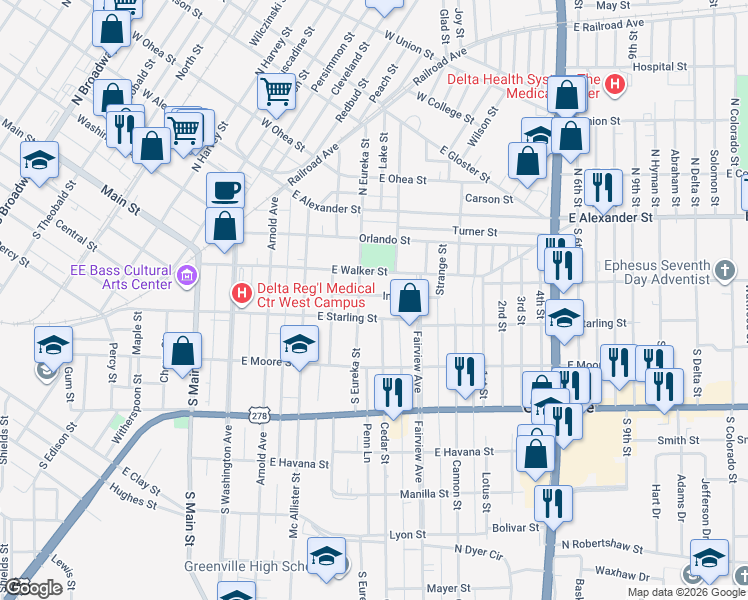 map of restaurants, bars, coffee shops, grocery stores, and more near 419 Inez Street in Greenville