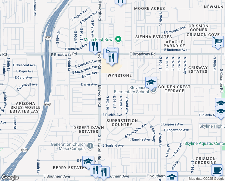 map of restaurants, bars, coffee shops, grocery stores, and more near 619 South 92nd Place in Mesa
