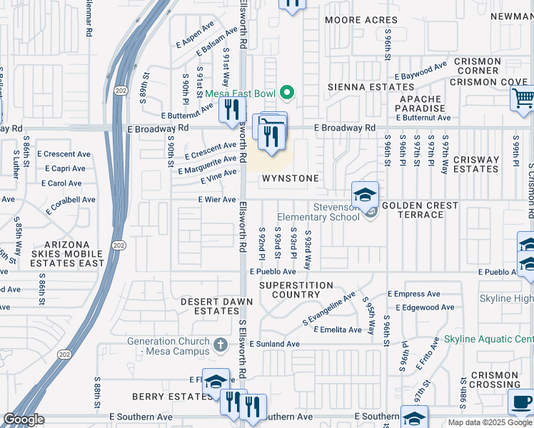 map of restaurants, bars, coffee shops, grocery stores, and more near 619 South 92nd Place in Mesa