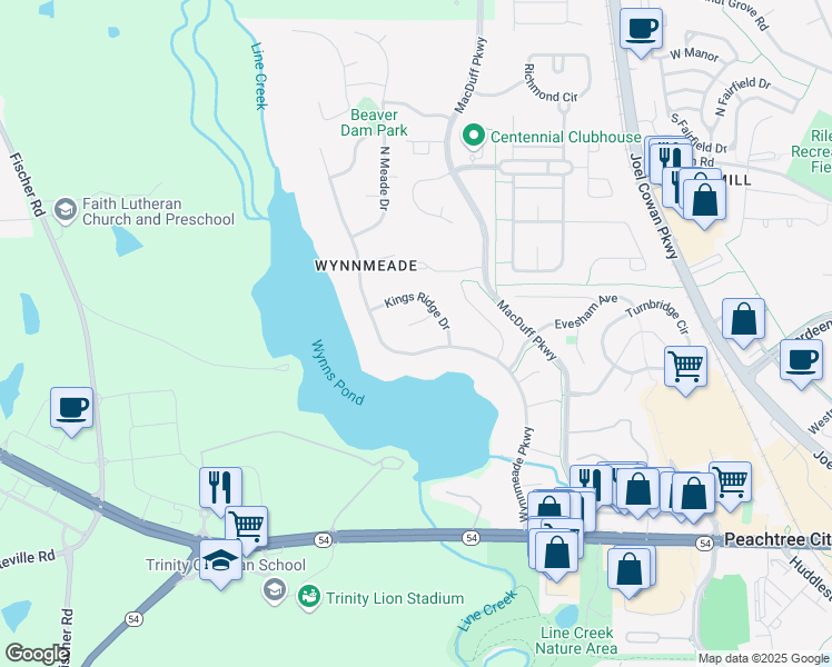 map of restaurants, bars, coffee shops, grocery stores, and more near 105 Fortress Drive in Peachtree City