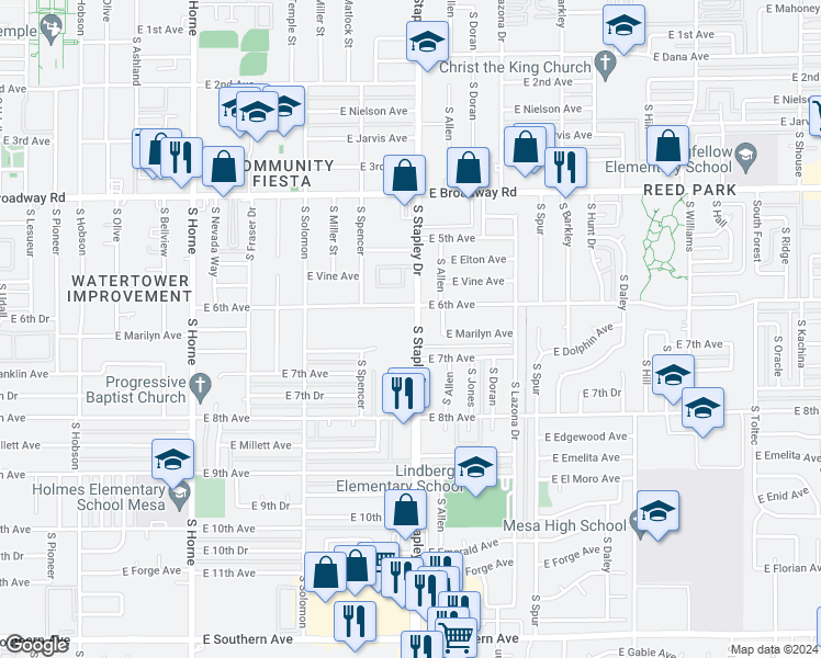 map of restaurants, bars, coffee shops, grocery stores, and more near 622 South Stapley Drive in Mesa