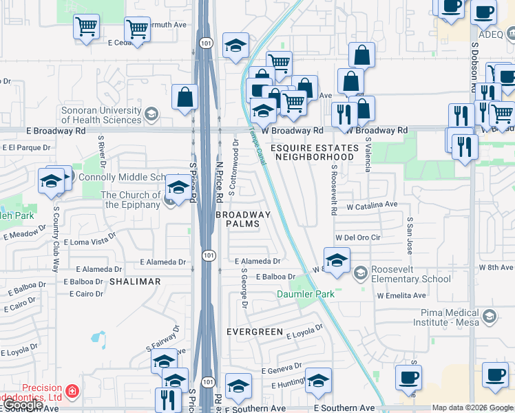 map of restaurants, bars, coffee shops, grocery stores, and more near 2335 East Concorda Drive in Tempe