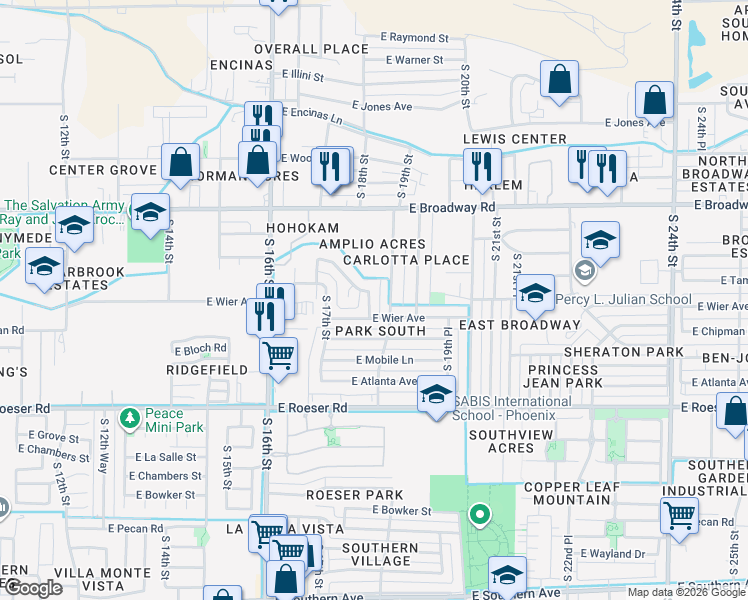 map of restaurants, bars, coffee shops, grocery stores, and more near 4643 South 17th Way in Phoenix