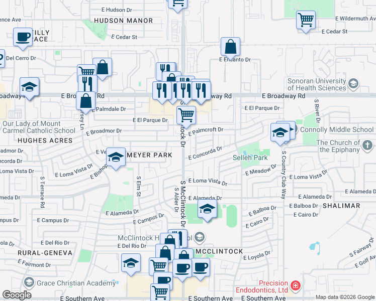 map of restaurants, bars, coffee shops, grocery stores, and more near 2227 South McClintock Drive in Tempe