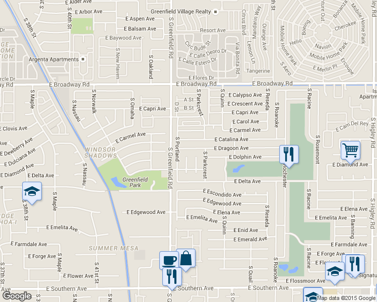 map of restaurants, bars, coffee shops, grocery stores, and more near 4443 East Dragoon Avenue in Mesa