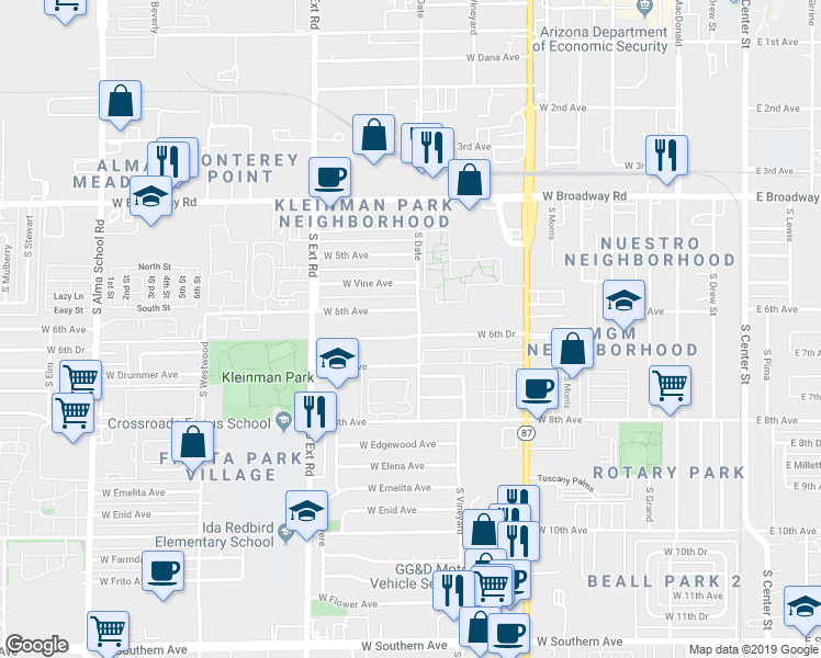 map of restaurants, bars, coffee shops, grocery stores, and more near 608 West 6th Drive in Mesa