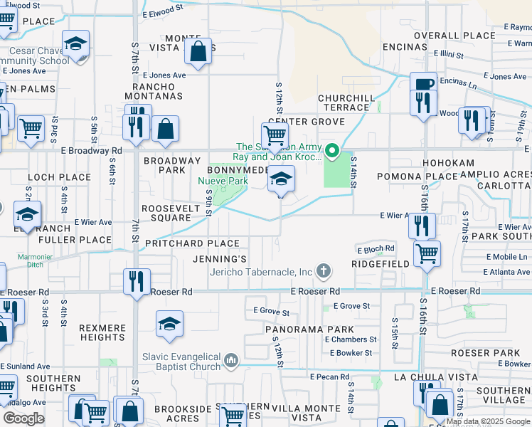 map of restaurants, bars, coffee shops, grocery stores, and more near 4610 South 12th Street in Phoenix