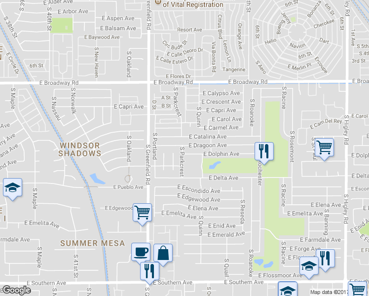 map of restaurants, bars, coffee shops, grocery stores, and more near 4531 East Dragoon Avenue in Mesa