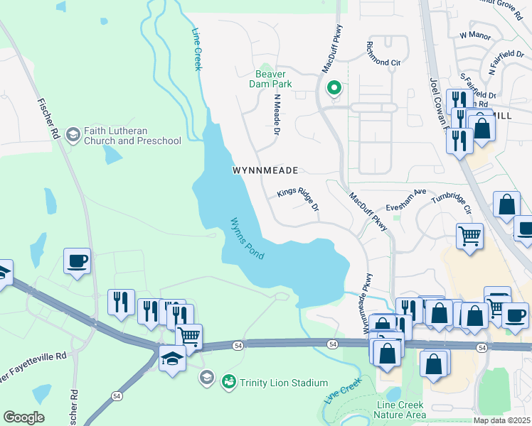 map of restaurants, bars, coffee shops, grocery stores, and more near 175 Wynnmeade Parkway in Peachtree City