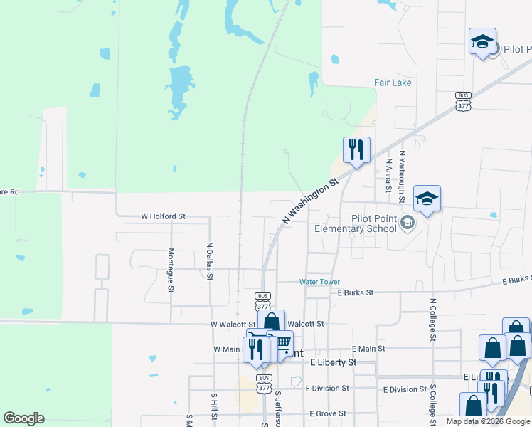 map of restaurants, bars, coffee shops, grocery stores, and more near 800 Dover Street in Pilot Point