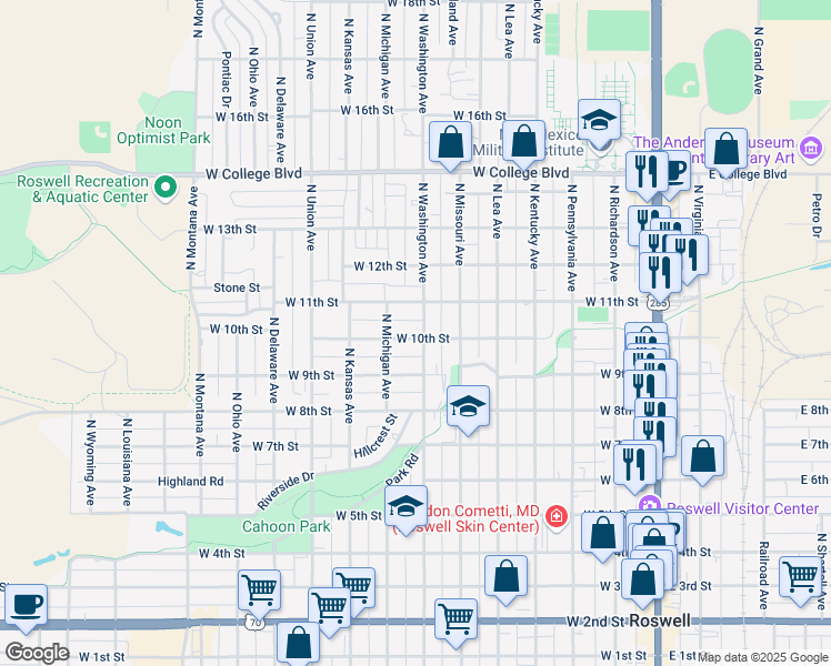 map of restaurants, bars, coffee shops, grocery stores, and more near 701 West 10th Street in Roswell