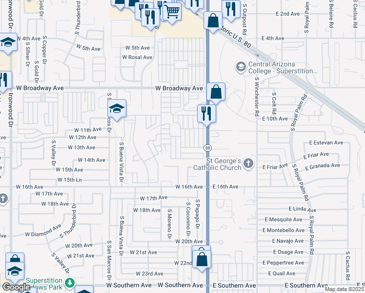 map of restaurants, bars, coffee shops, grocery stores, and more near Havasupi Drive in Apache Junction