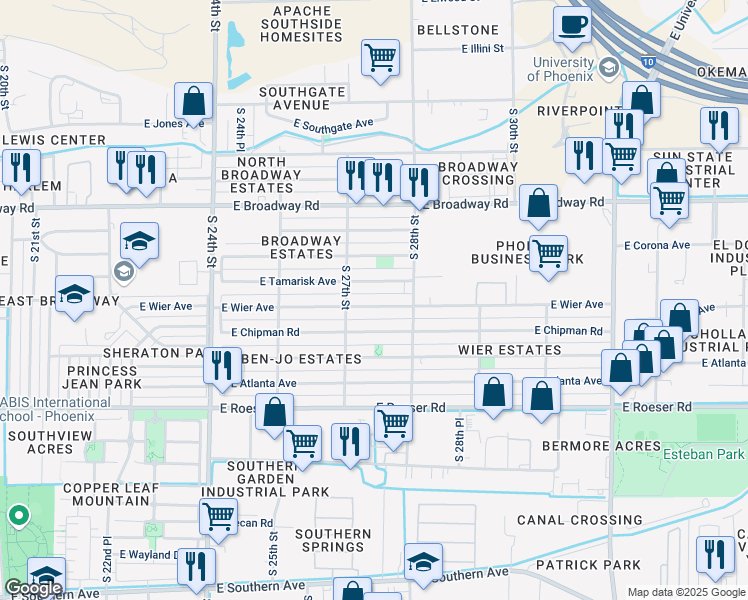 map of restaurants, bars, coffee shops, grocery stores, and more near 2728 East Wier Avenue in Phoenix