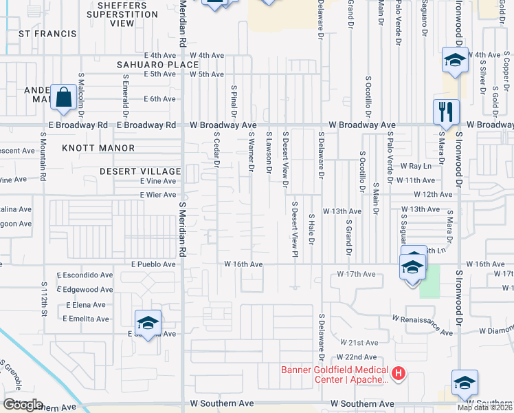 map of restaurants, bars, coffee shops, grocery stores, and more near 1289 South Warner Drive in Apache Junction