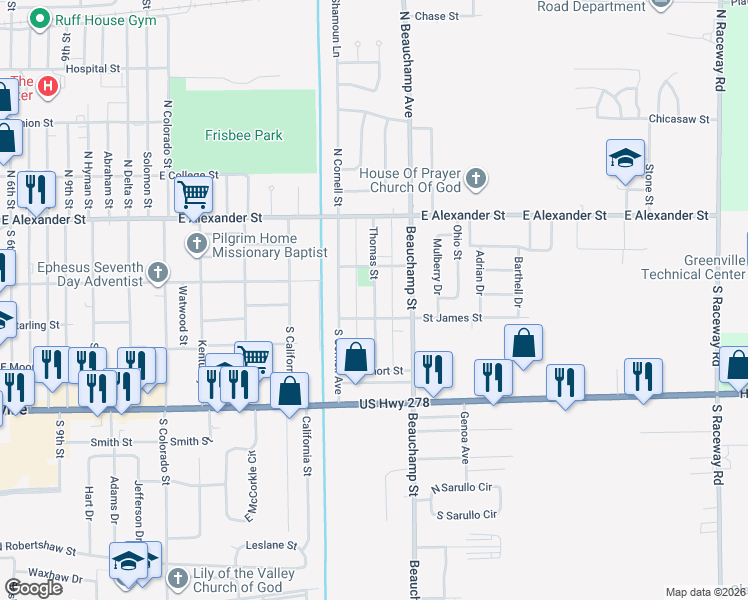 map of restaurants, bars, coffee shops, grocery stores, and more near 342 Thomas Street in Greenville