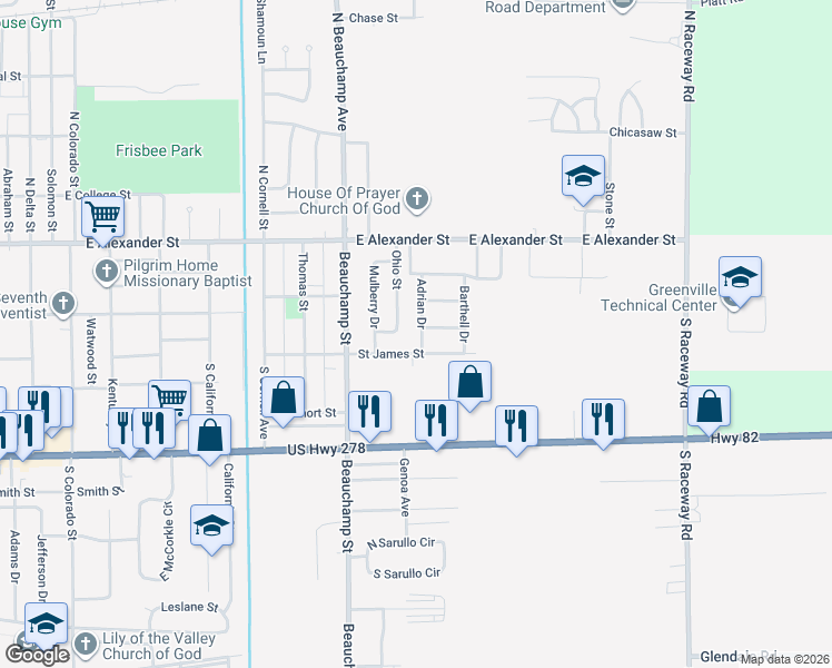 map of restaurants, bars, coffee shops, grocery stores, and more near 351 Adrian Drive in Greenville