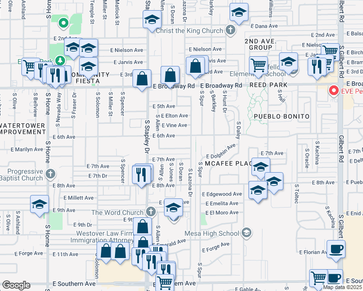 map of restaurants, bars, coffee shops, grocery stores, and more near 1326 East Marilyn Avenue in Mesa