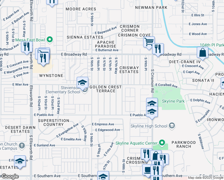 map of restaurants, bars, coffee shops, grocery stores, and more near 625 South 97th Place in Mesa