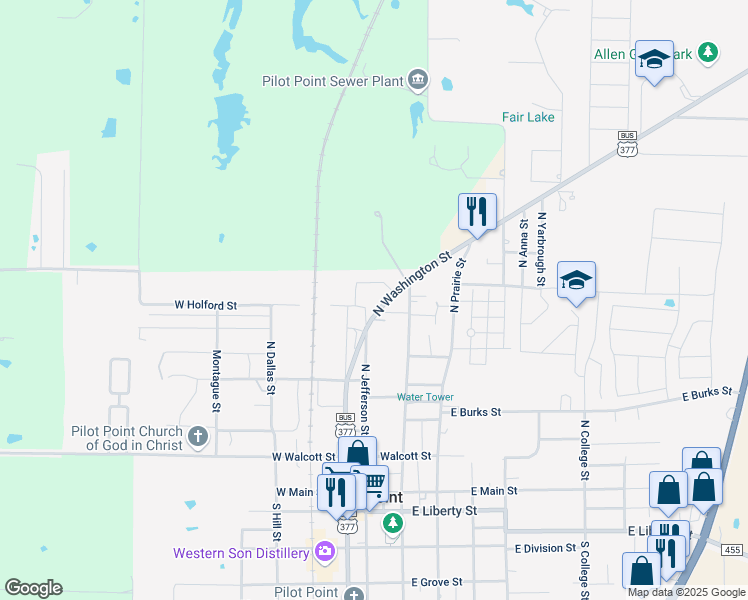 map of restaurants, bars, coffee shops, grocery stores, and more near 100 West Holford Street in Pilot Point