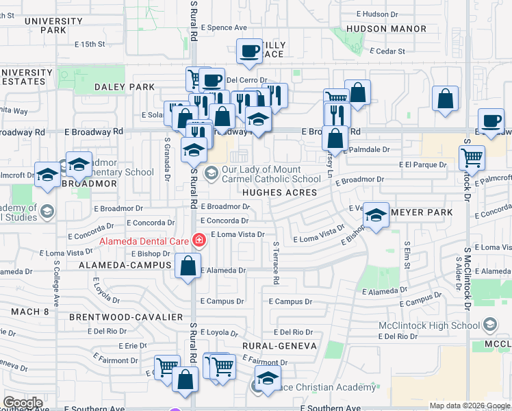map of restaurants, bars, coffee shops, grocery stores, and more near 1044 East Broadmor Drive in Tempe