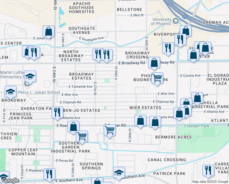 map of restaurants, bars, coffee shops, grocery stores, and more near 2760 East Wier Avenue in Phoenix