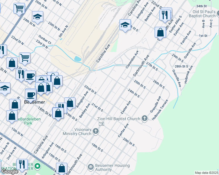 map of restaurants, bars, coffee shops, grocery stores, and more near 2304 Clarendon Ave in Bessemer