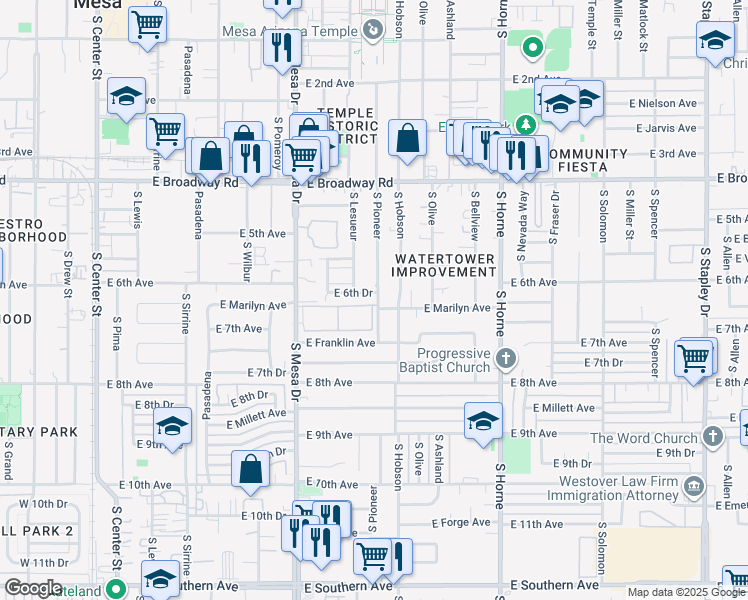 map of restaurants, bars, coffee shops, grocery stores, and more near 619 South Pioneer in Mesa