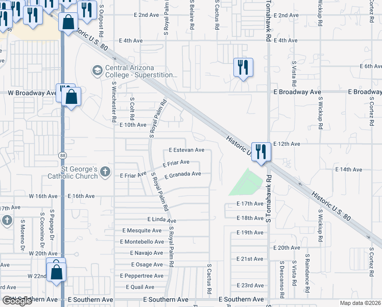 map of restaurants, bars, coffee shops, grocery stores, and more near 943 East Estevan Avenue in Apache Junction