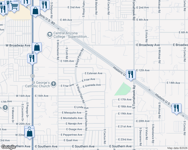 map of restaurants, bars, coffee shops, grocery stores, and more near 943 East Estevan Avenue in Apache Junction