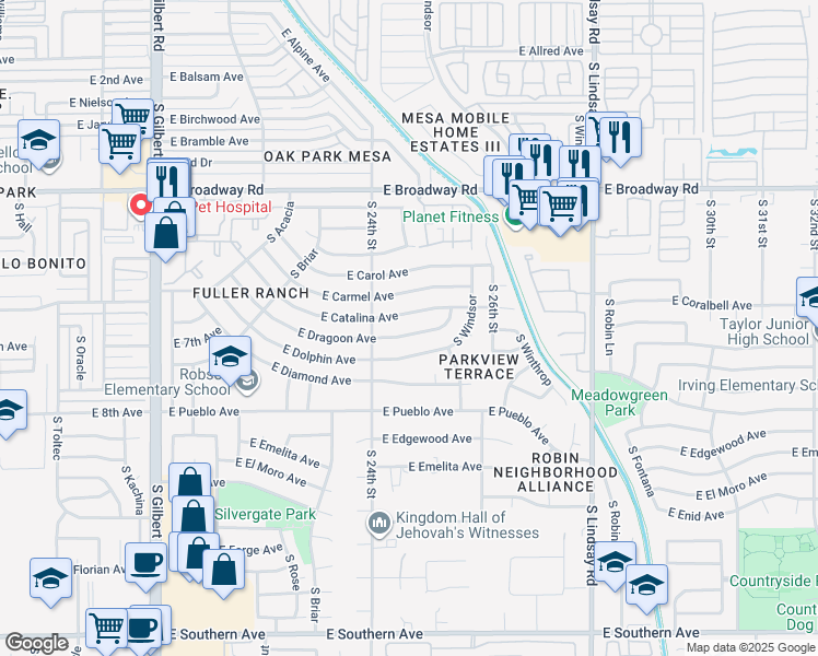 map of restaurants, bars, coffee shops, grocery stores, and more near 2446 East Dragoon Avenue in Mesa
