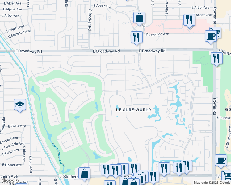 map of restaurants, bars, coffee shops, grocery stores, and more near 1269 Leisure World in Mesa