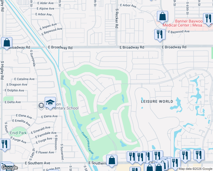 map of restaurants, bars, coffee shops, grocery stores, and more near 1532 Leisure World in Mesa