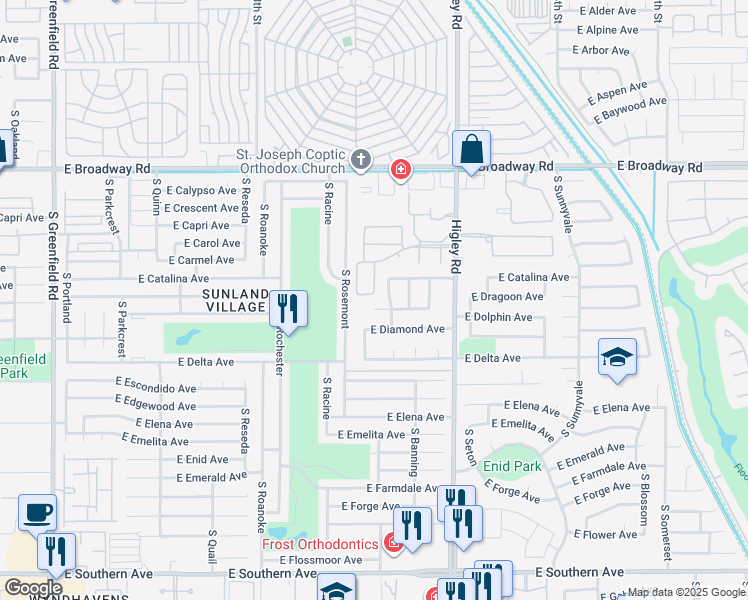 map of restaurants, bars, coffee shops, grocery stores, and more near 542 South Higley Road in Mesa