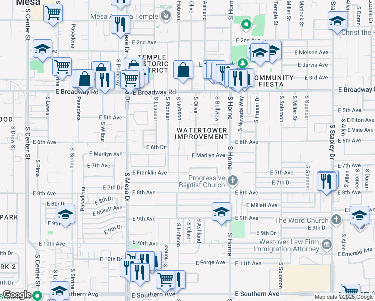 map of restaurants, bars, coffee shops, grocery stores, and more near 634 East Marilyn Avenue in Mesa