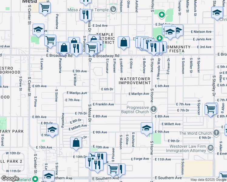 map of restaurants, bars, coffee shops, grocery stores, and more near 619 South Pioneer in Mesa