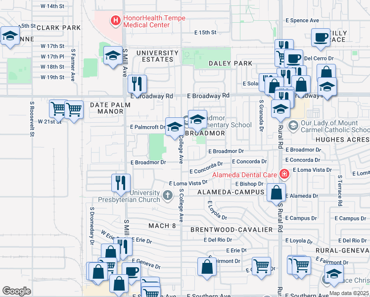 map of restaurants, bars, coffee shops, grocery stores, and more near 2305 South College Avenue in Tempe