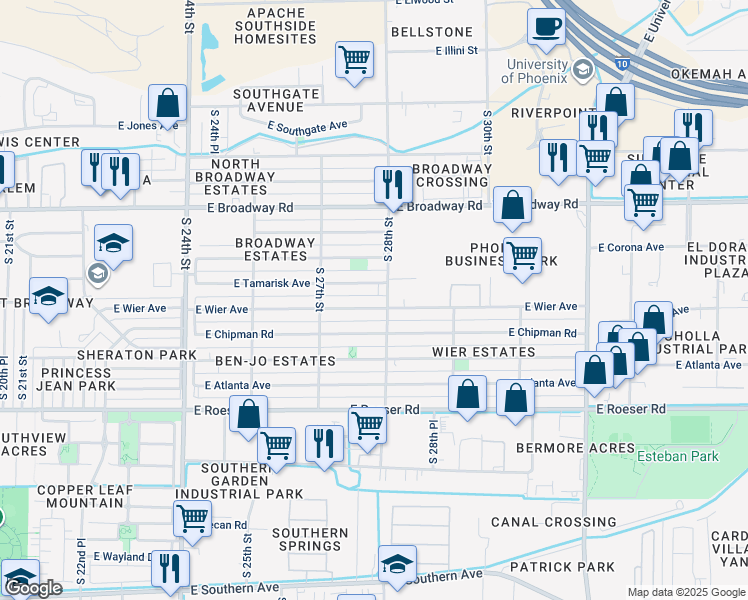 map of restaurants, bars, coffee shops, grocery stores, and more near 2760 East Wier Avenue in Phoenix