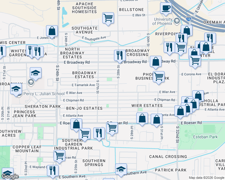 map of restaurants, bars, coffee shops, grocery stores, and more near 2760 East Wier Avenue in Phoenix
