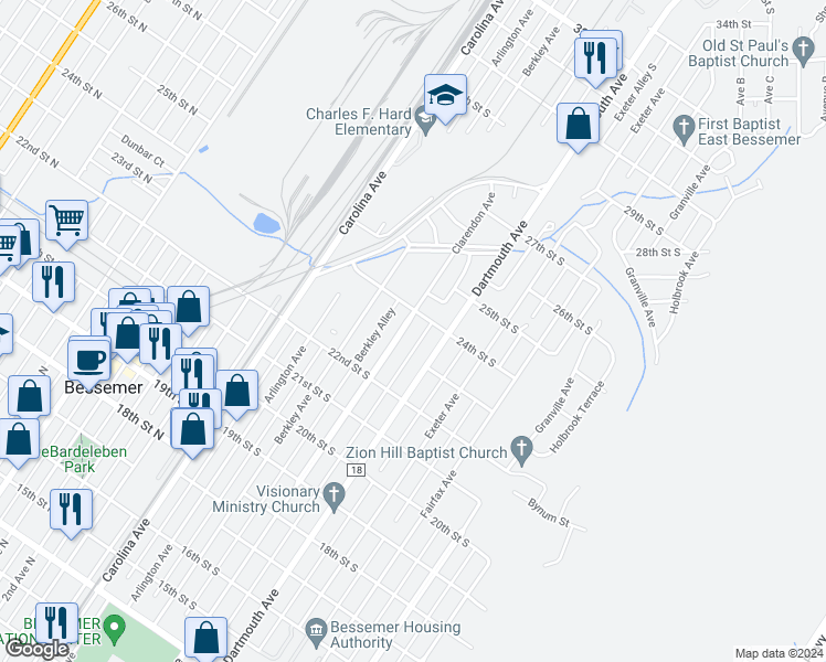 map of restaurants, bars, coffee shops, grocery stores, and more near 2304 Clarendon Avenue in Bessemer