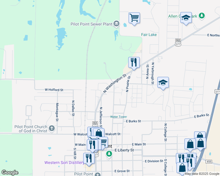 map of restaurants, bars, coffee shops, grocery stores, and more near 100 West Holford Street in Pilot Point