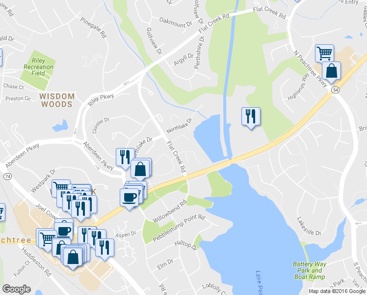 map of restaurants, bars, coffee shops, grocery stores, and more near 203 Ridgelake Dr in Peachtree City