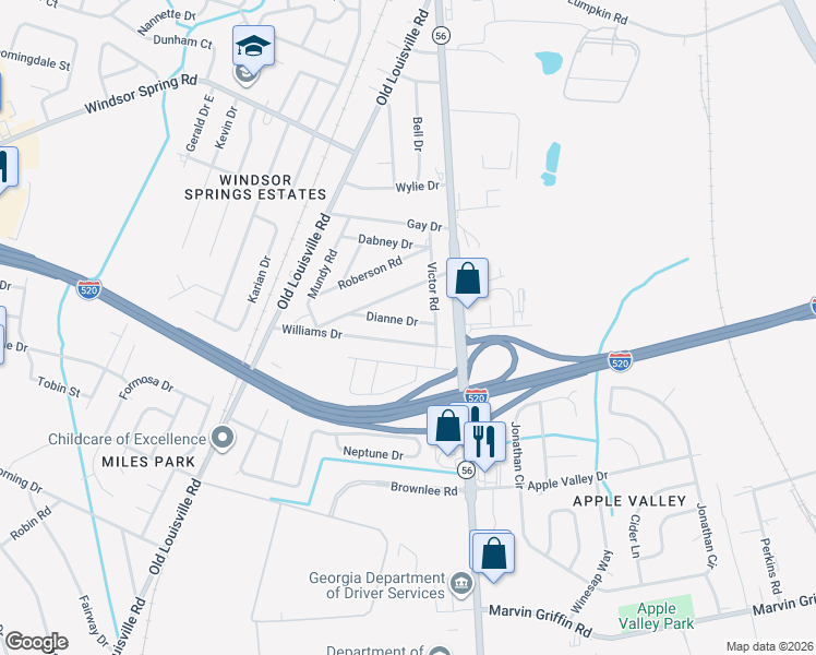 map of restaurants, bars, coffee shops, grocery stores, and more near 1912 Dianne Dr in Augusta