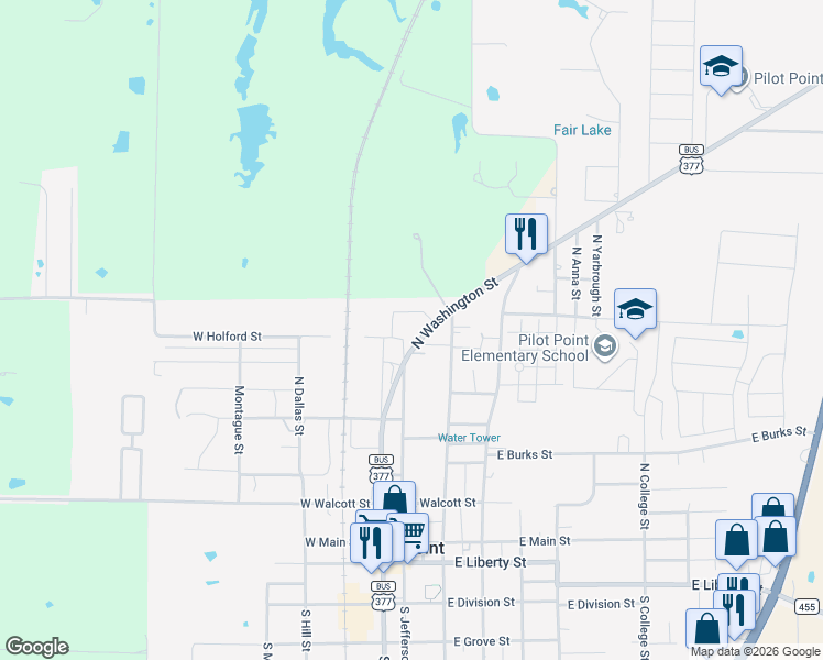 map of restaurants, bars, coffee shops, grocery stores, and more near 100 West Holford Street in Pilot Point