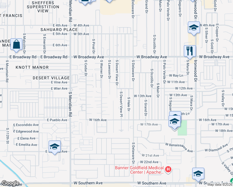 map of restaurants, bars, coffee shops, grocery stores, and more near 1256 South Desert View Drive in Apache Junction