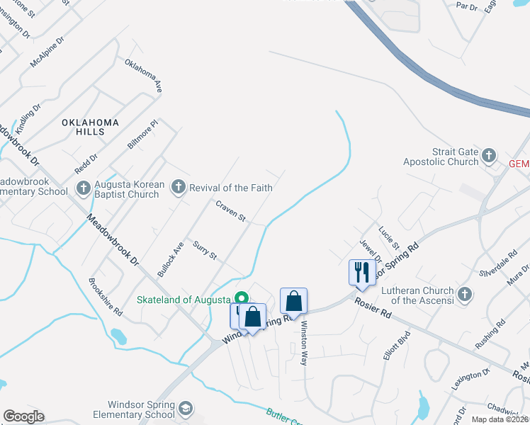 map of restaurants, bars, coffee shops, grocery stores, and more near 3492 Byron Place in Augusta
