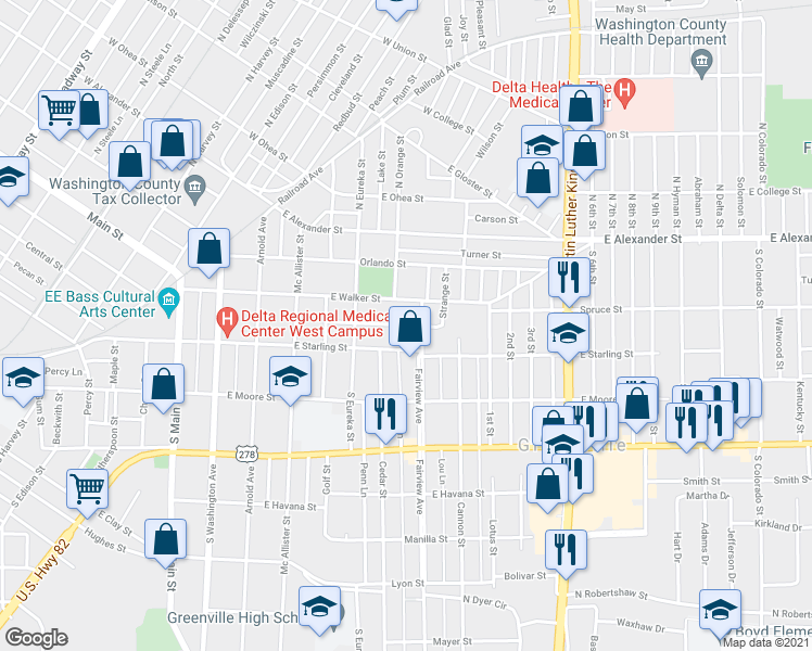 map of restaurants, bars, coffee shops, grocery stores, and more near 519 Inez Street in Greenville