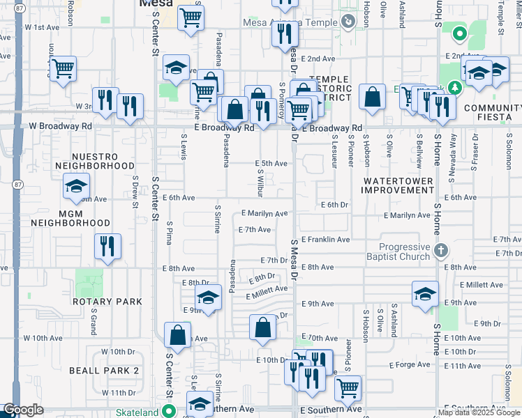 map of restaurants, bars, coffee shops, grocery stores, and more near 302 East Marilyn Avenue in Mesa