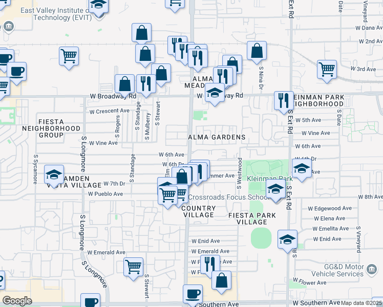 map of restaurants, bars, coffee shops, grocery stores, and more near 601 Crestwood Apartments in Mesa