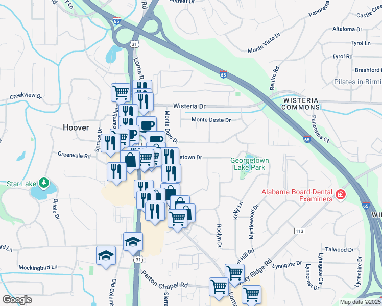 map of restaurants, bars, coffee shops, grocery stores, and more near 2821 Georgetown Drive in Hoover