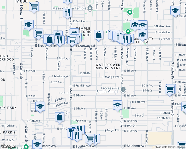 map of restaurants, bars, coffee shops, grocery stores, and more near 619 South Pioneer in Mesa